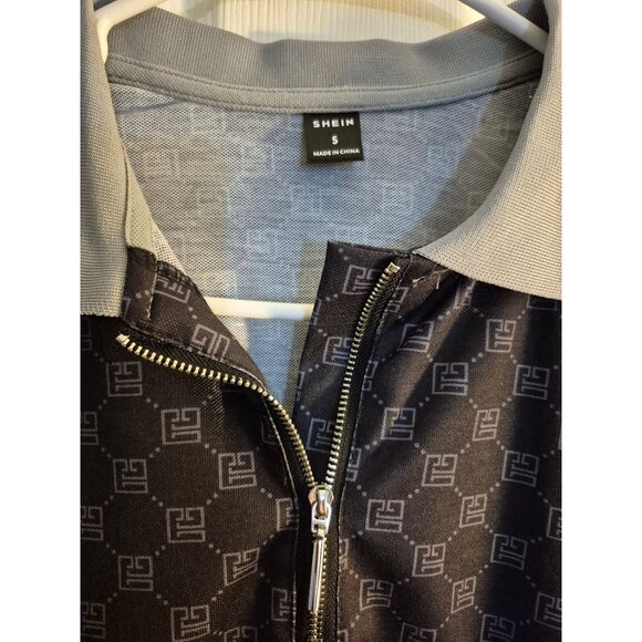 Shein Mens Short Sleeve Polo Shirt With Zipper Closure Gray Collar Geometric Pat - Picture 2 of 2